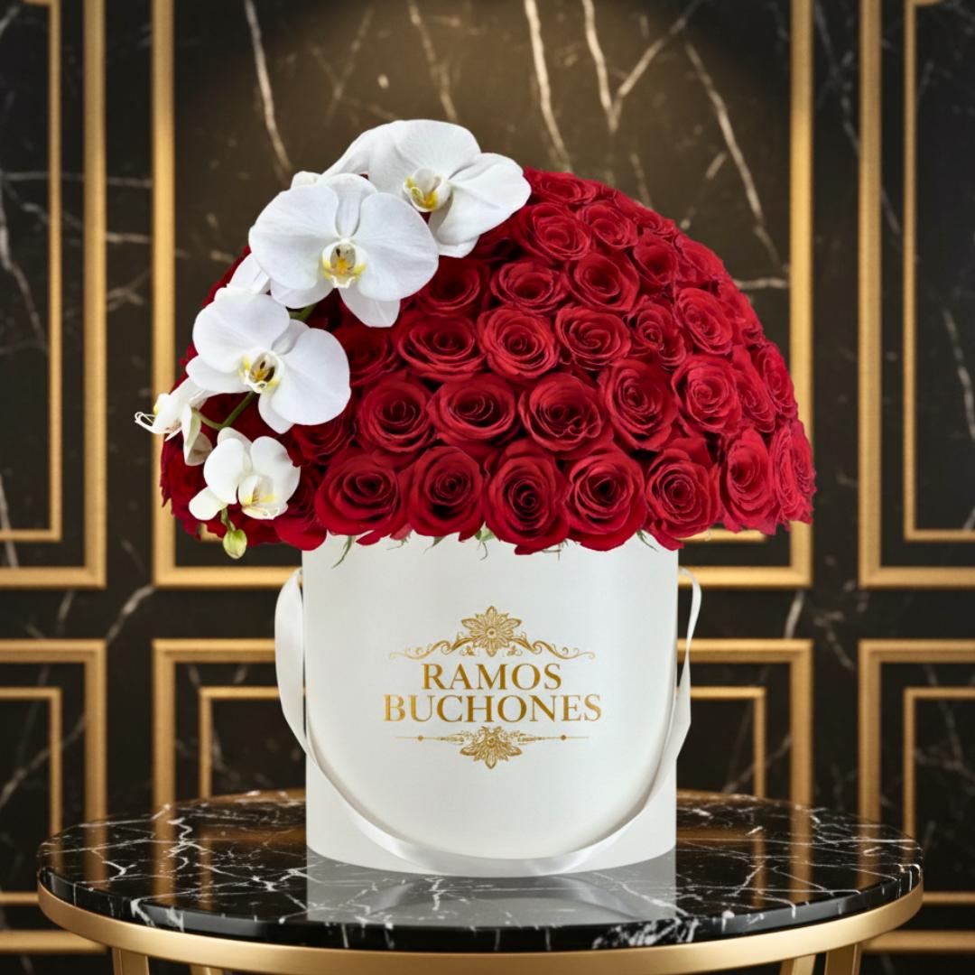Caja con 75 rosas y Orquideas Caja con 75 rosas y Orquideas