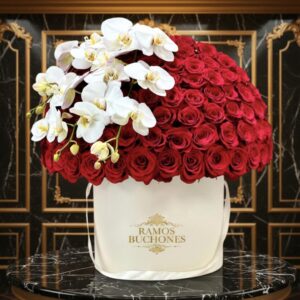 Ramos de Orquídeas Caja con 150 rosas y orquídeas